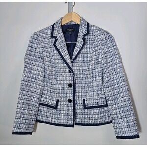 Talbots 8P Petite Tweed Blazer Blue White‎ Fringe Trim Lined Jacket